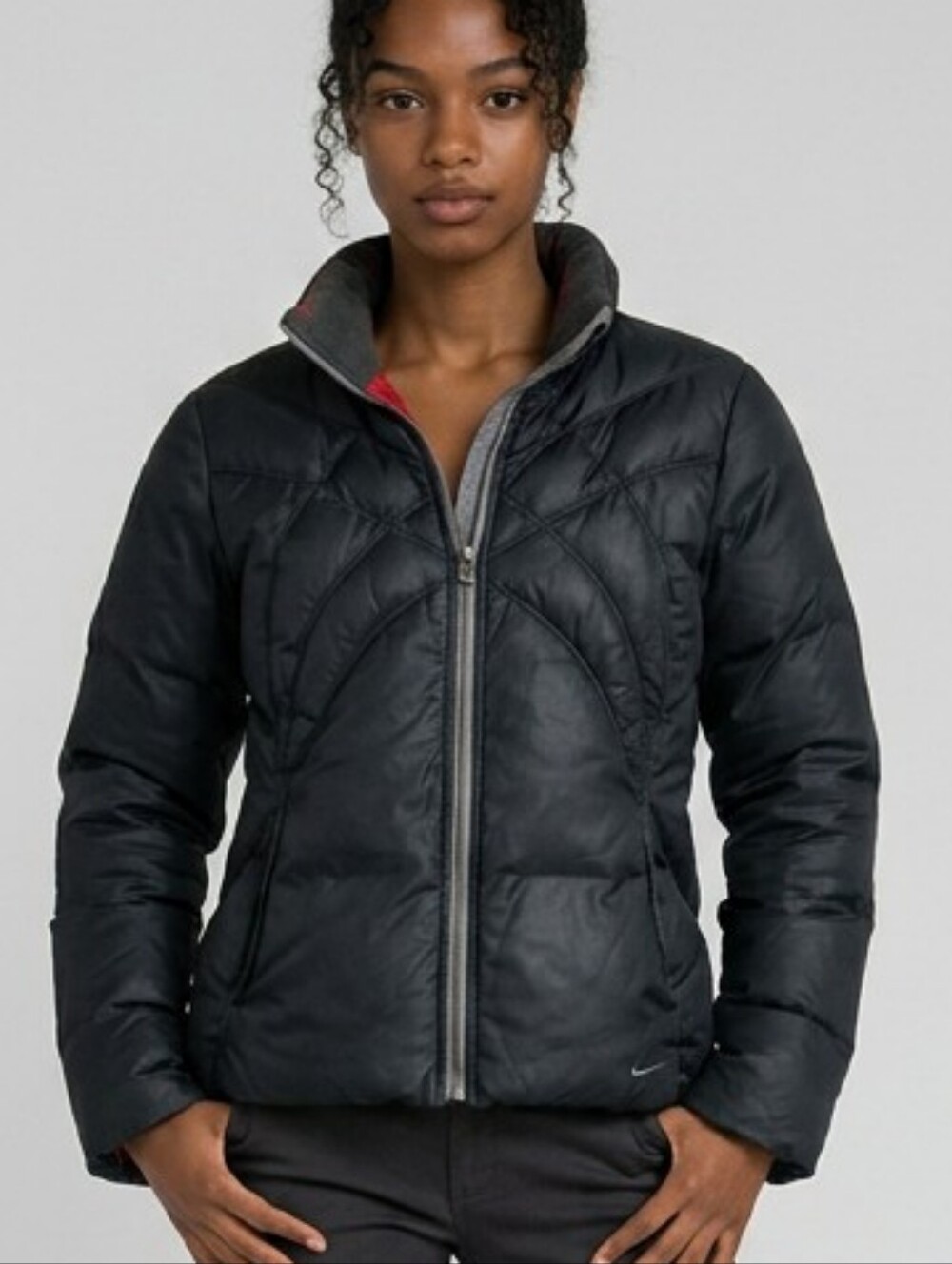 Nike Puffer Jacket Womens Medium Black Duck Down Feather Short Quilted Full Zip
